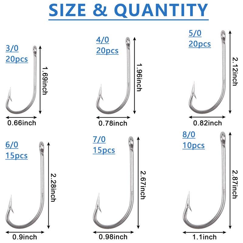 Shaddock Fishing O'shaughnessy Saltwater Fishing Hooks Kit, 100pcs Long Shank Stainless Steel Sea Hooks Assortment for Freshwater and Saltwater - Image 3